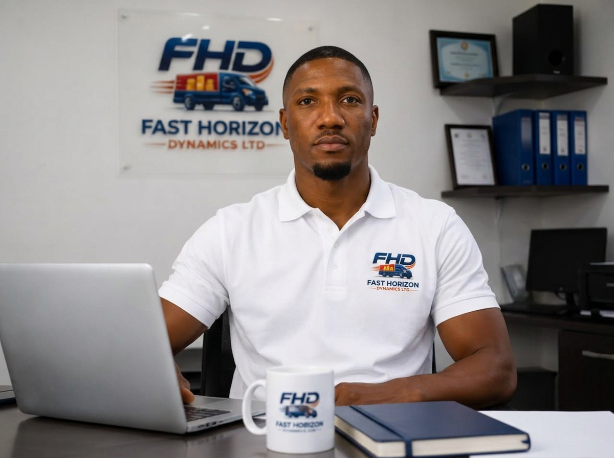 The CEO of Fast Horizon Dynamics working at his desk in the official white FHD shirt