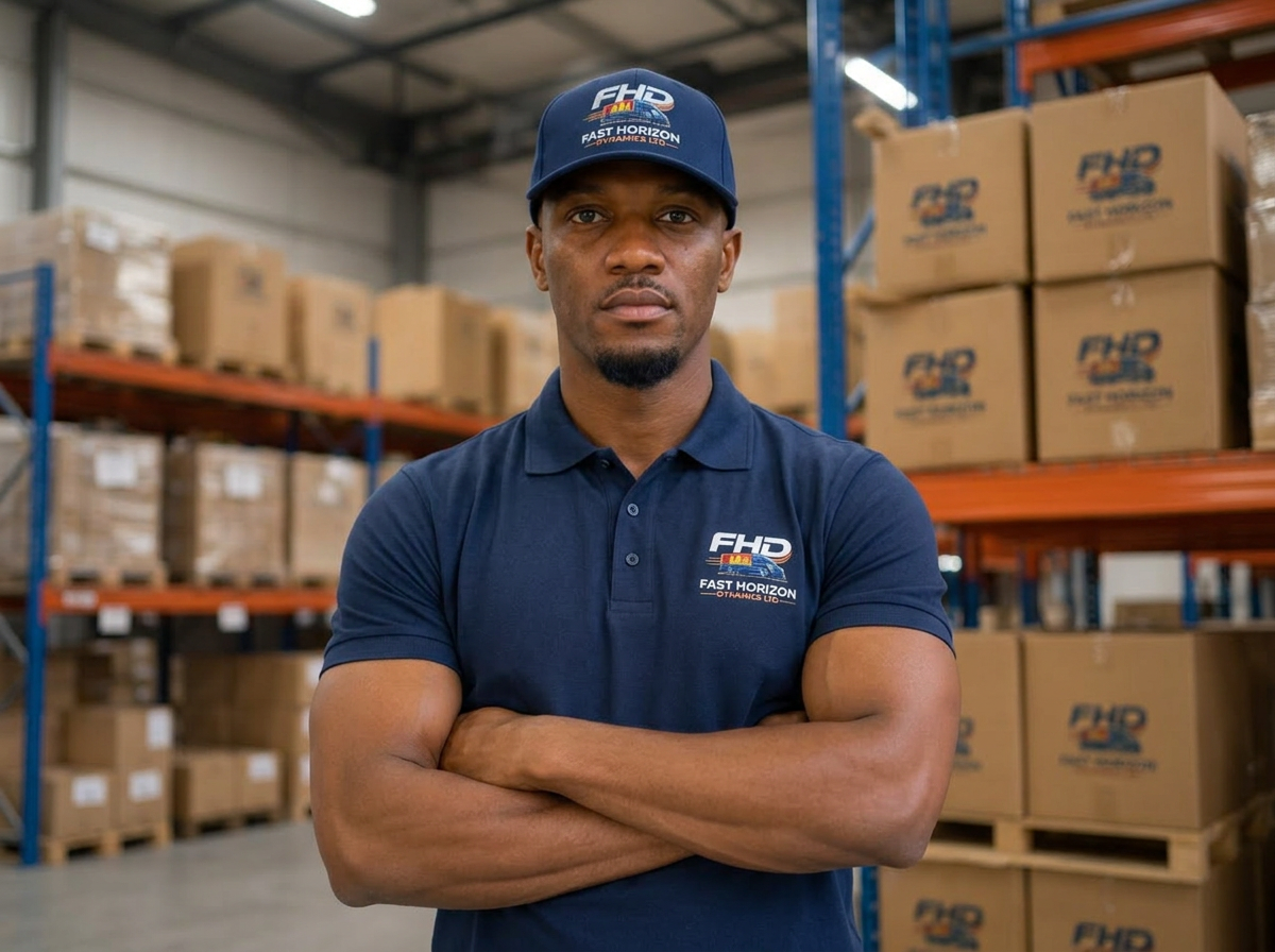 The CEO of Fast Horizon Dynamics supervising crew in navy FHD uniforms at a warehouse loading bay