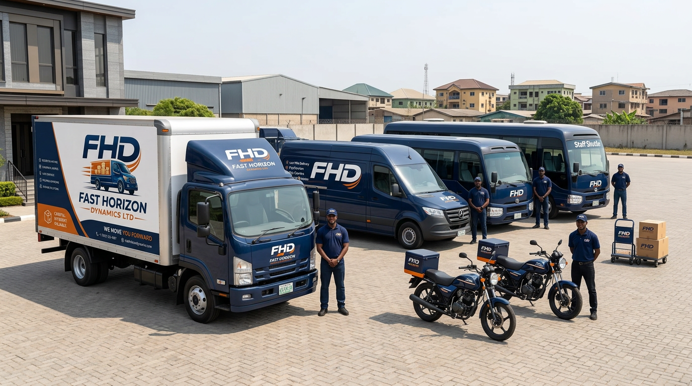 Official FHD branded truck, delivery van, staff bus and dispatch bikes lined up with uniformed drivers