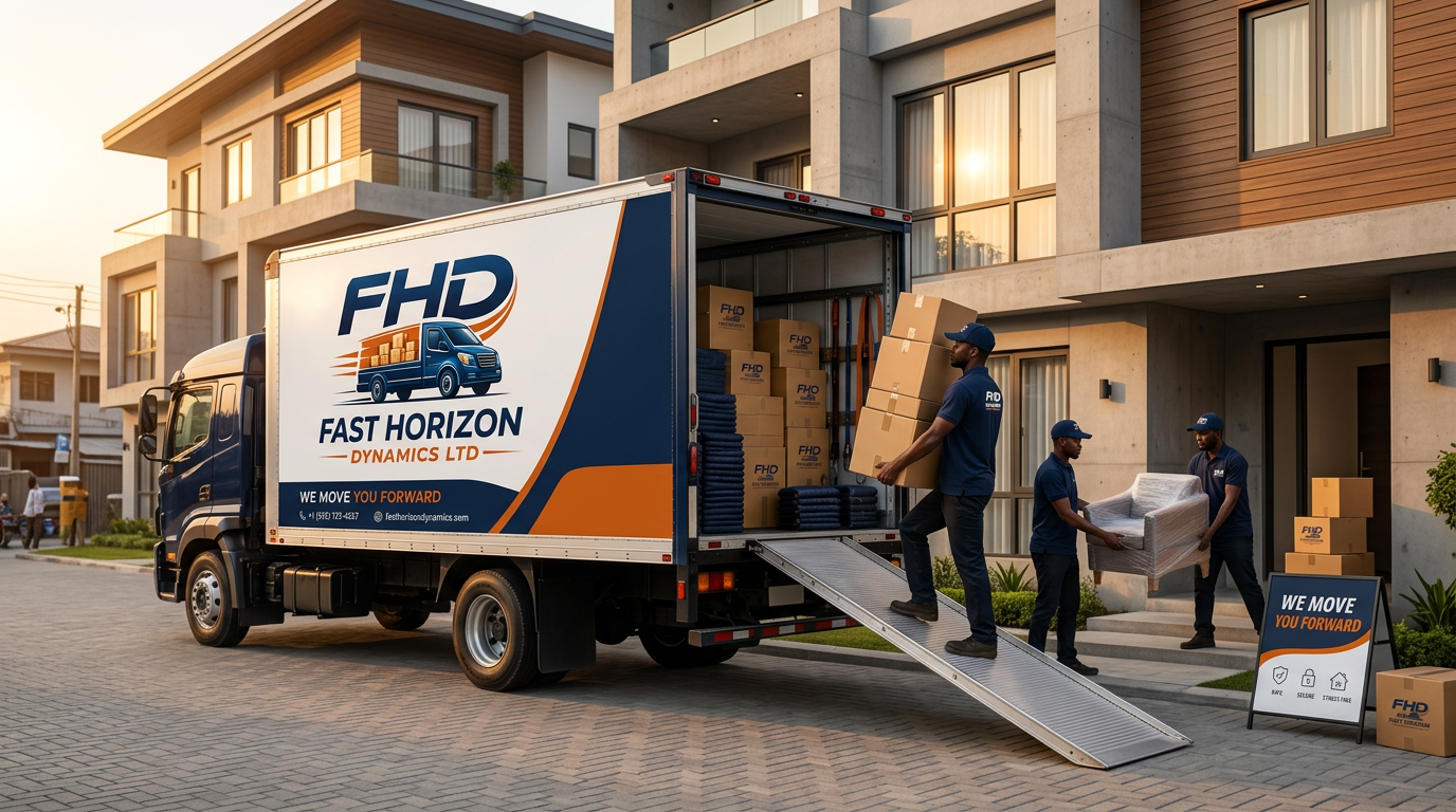 Fast Horizon Dynamics movers in official navy FHD uniforms loading furniture into a branded FHD truck in Nigeria